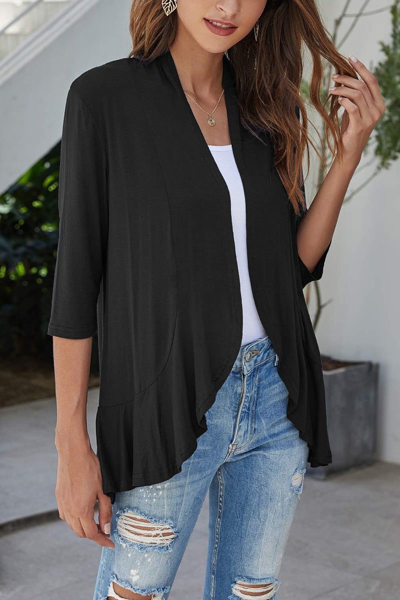 Bluetime Women Casual Lightweight Open Front Cardigans Soft Draped Ruffles 3/4 Sleeve Cardigan (XXL, Black) - Image 2